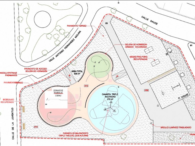 Plano con las modificaciones previstas para la mejora de la pista de baloncesto y patinaje en Santa Isabel